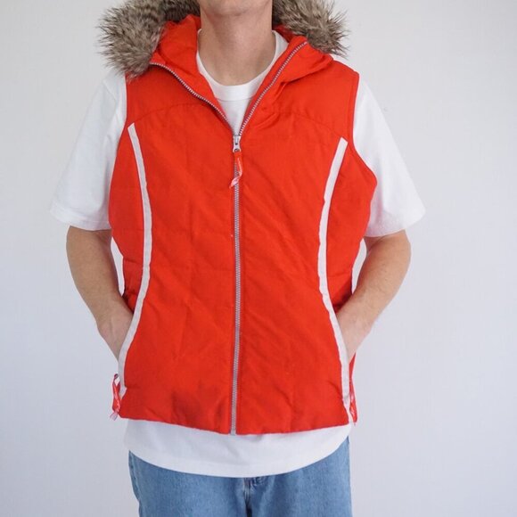 VTG '90s Eddie Bauer Goose Down Red Puffer Faux Fur Hood Zip Up Vest Jacket XL - Picture 2 of 12